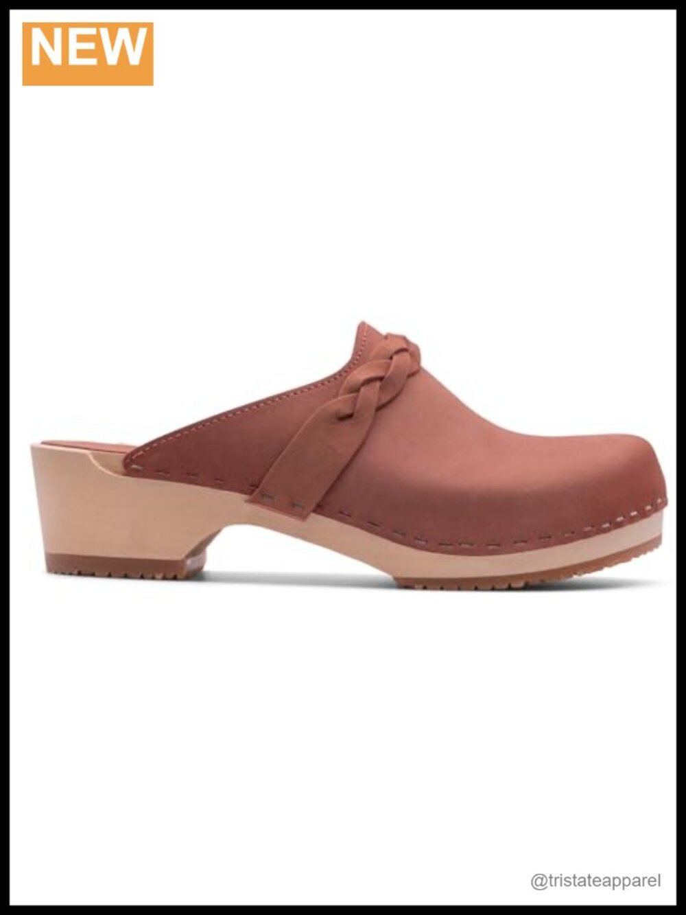 Handmade Wood Clog Mule Low Heel Nubuck Leather Pull-On